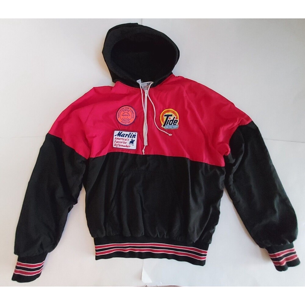 Vintage 1980s 1/4 Zip Black/Red Hoodie Windbreaker W/Advertising Patches Size L